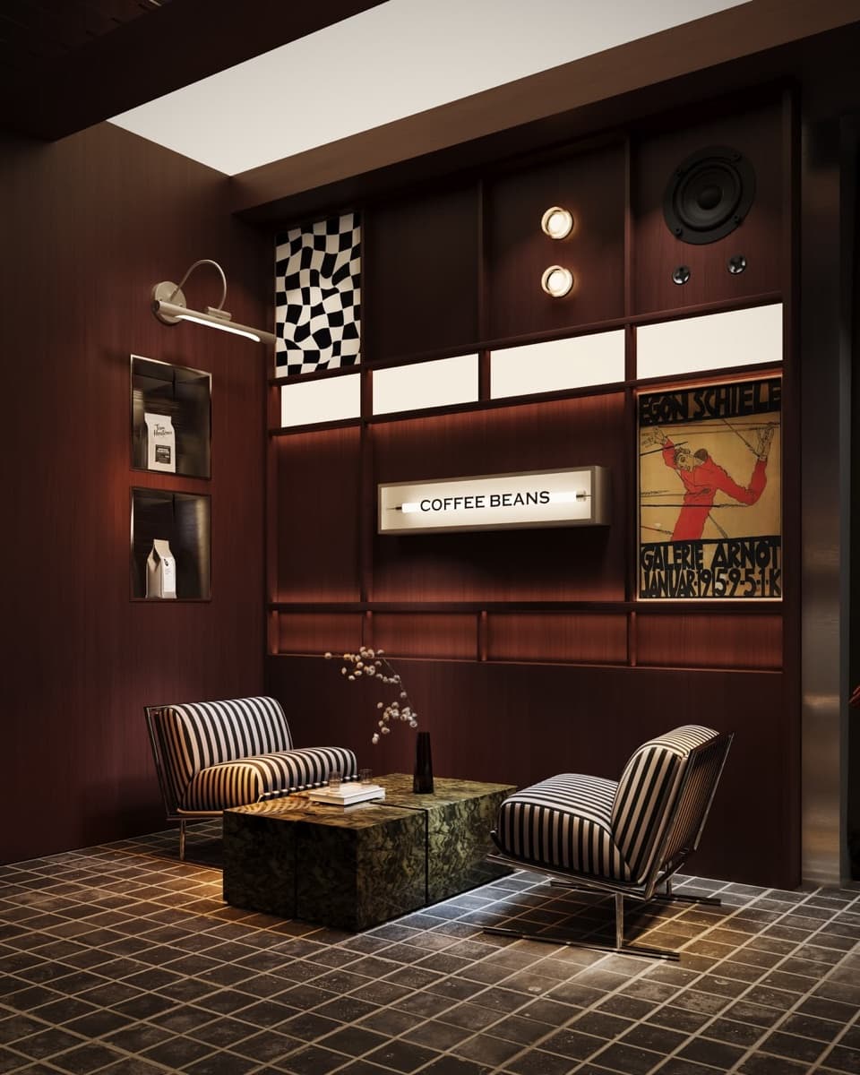 Sala de espera con boiserie color vino y sillones de rayas